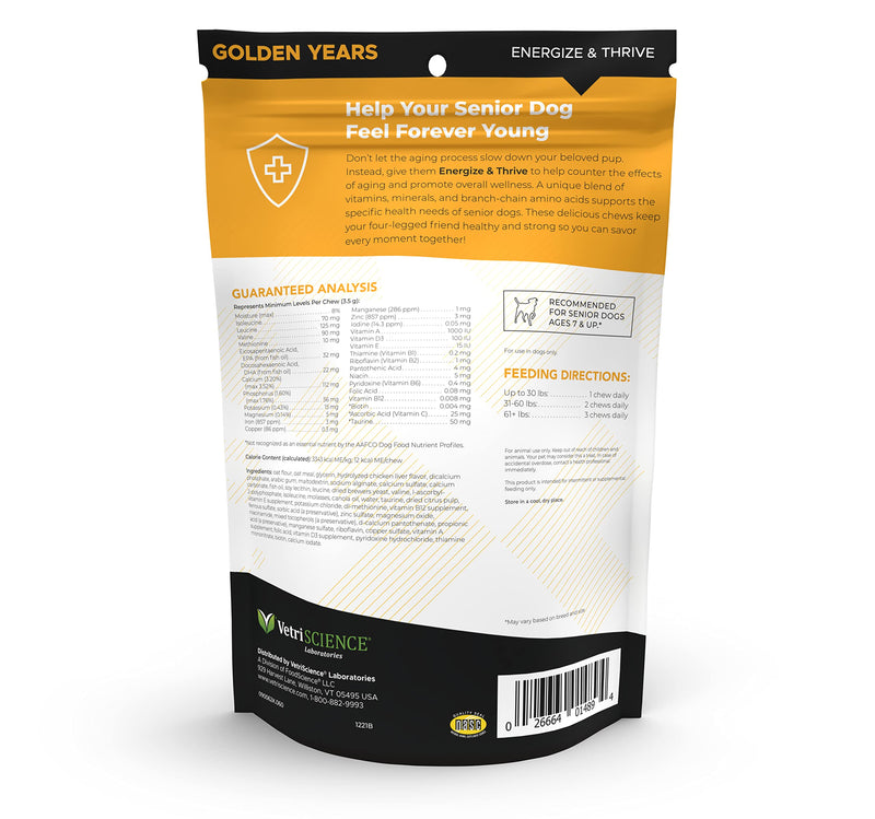 VetriScience Golden Years Energize and Thrive Complete Daily Multivitamin with BCAAs for Senior Dogs, Chicken, 60 Chews - PawsPlanet Australia