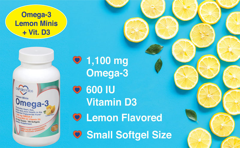 Omega 3 Lemon Minis + Vitamin D3, 1,100 mg Omega-3 in Triglyceride Form and 600 IU Vitamin D3, Easy-to-Swallow, Fresh Lemon-Flavored Omega-3 Supplement Softgels - 180 Count