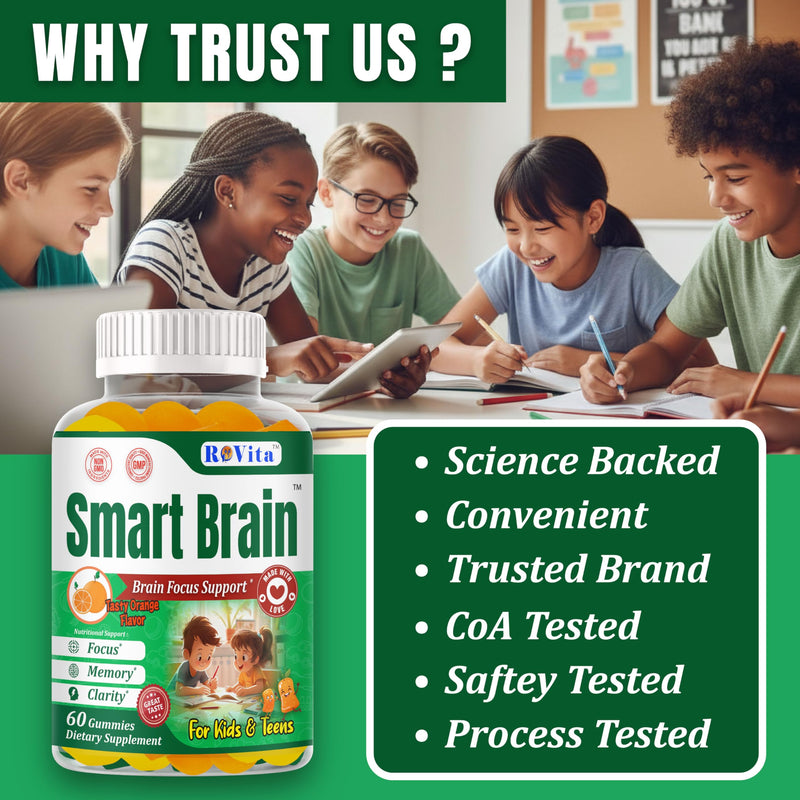 Smart Brain Omega 3 for Kids, Focus Gummies for Teens, DHA Kids Attention and Focus Supplement, Brain Vitamins for Memory & Concentration, Orange, 60 Gummies