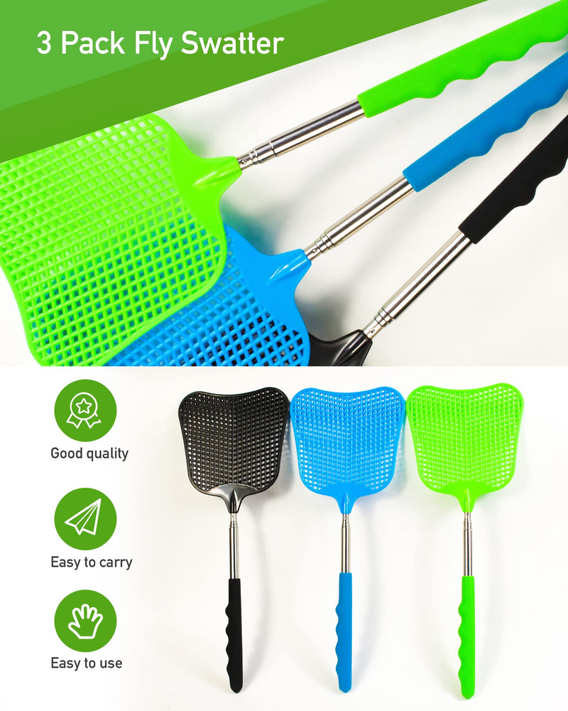 3 pcs Fly Swatter, Fly Swatter Plastic,Telescopic Fly Swatters, Large Bug Swatter That Work for Indoor and Outdoor. (Black Blue Green)