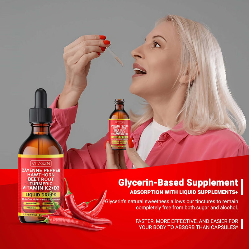 [Australia] - Cayenne Pepper Drops Liquid Supplement with Hawthorn Berry, Vitamin D3 + K2, Beet Root, Ceylon Cinnamon, Turmeric Curcumin, Panax Ginseng & Berberine Vegan-Friendly, Easily Absorbed 2oz - 60ml 