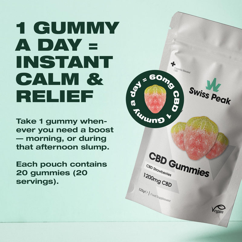 Swiss Peak 1200mg CBD Gummies, Delicious Edible Strawberries, UK-Made, Vegan, THC-Free, Premium CBD for Relaxation & Wellness, On-The-Go Grab Bag – 20 Gummies Per Pack