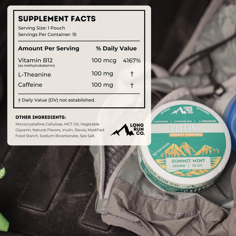 CAFFYNE Energy Pouches by Long Run Co. — All Natural Caffeine + B-Vitamins + L-Theanine | Sugar-Free & 0 Calories | 100mg of Caffeine in Each Pouch (Pack of 1, Alpine French Vanilla) Pack of 1