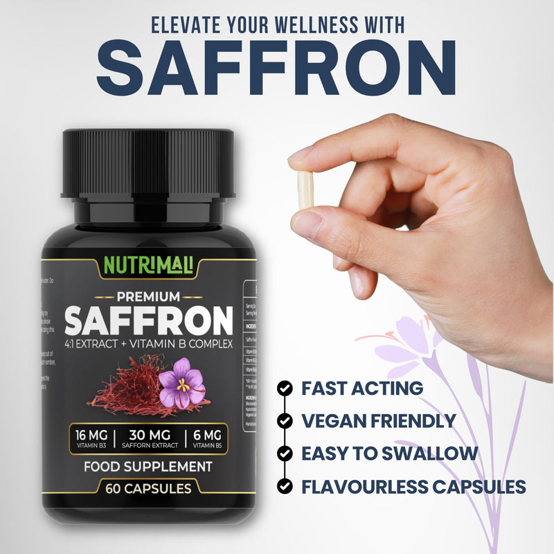 Saffron Supplement – 4:1 Saffron Extract + Vitamin B Complex | High Strength - 60 Vegan Capsules | 100% Pure Saffron, Non-GMO | By NutriMali