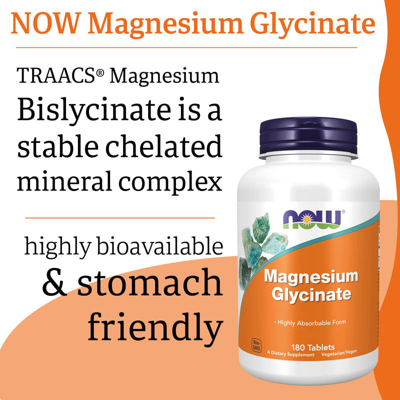 Now Foods, Magnesium Glycinate, 200mg Magnesium, 180 Vegan Tablets, Lab-Tested, Vegetarian, Gluten Free, Soy Free, Non-GMO 180 count (Pack of 1)