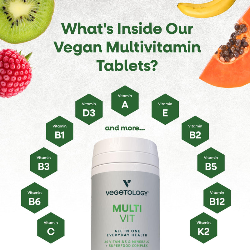 Vegetology Vegan Multivitamin Tablets for Women and Men, 26 Chelated Vitamins and Minerals with Iron, Vitamin B12, D3 and K2, Metabolic, Brain, Immune Support, 60 Tablets, 2 Months Supply, Ages 11+