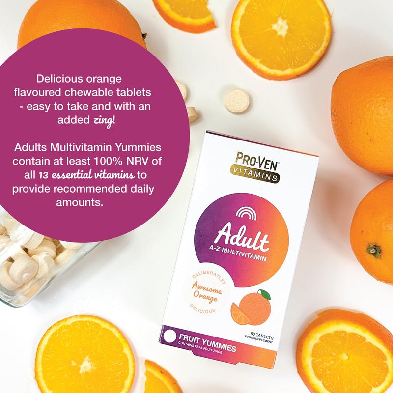 Pro-Ven Multivitamin Chewable Tablets for Men & Women - 60 Orange Flavoured A-Z Multivitamins - 100% NRV - 13 Essential Vitamins inc D, C, A + B for Energy, Immune & Bone Health Daily