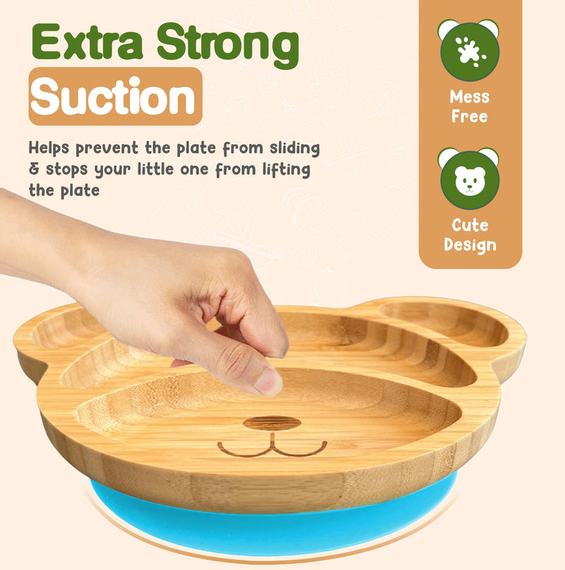 [Australia] - Bamboo Plates For Kids | Baby and Toddler Bamboo Suction Plate for Babies Feeding and Weaning | Promotes Self-Feeding with Eco-Friendly Sturdy Bear Design | Suction Plates for Busy Moms & Dads | Blue 