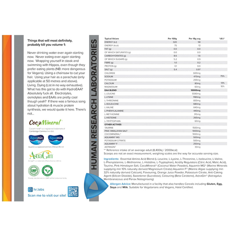 HydroEAA, Complete Hydration & EAA Essential Amino Acid Formula, with Comprehensive Electrolytes Profile, 540g, 30 Servings, 4 Flavours (540g, Super Fresh OJ)