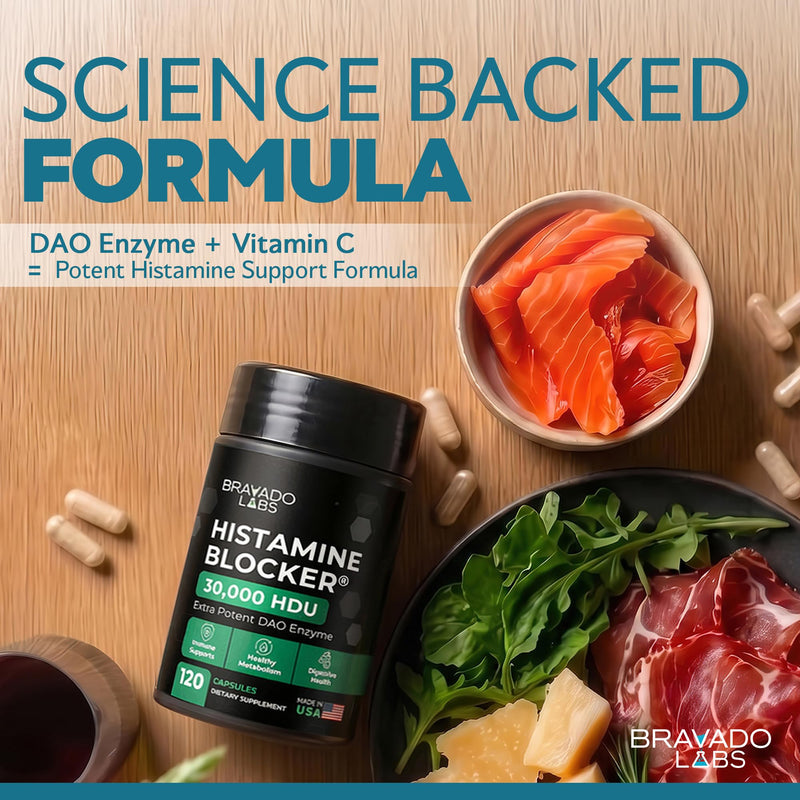 DAO Enzyme Histamine Blocker - Extra Strength 30,000 HDU Supplement | Diamine Oxidase DAO Supplements Histamine Blocker & Vitamin C for Daily Histamine Metabolism & Immune Support - 120 Capsules