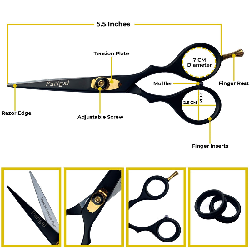 Hair Cutting Scissors Professional Hair Shears 5.5" - Razor Edged Durable Hair Cutting Tools - Handcrafted Barber Scissors in Japanese Stainless Steel - Scissors for Hair Cutting Men & Women 5.5 Inch Black