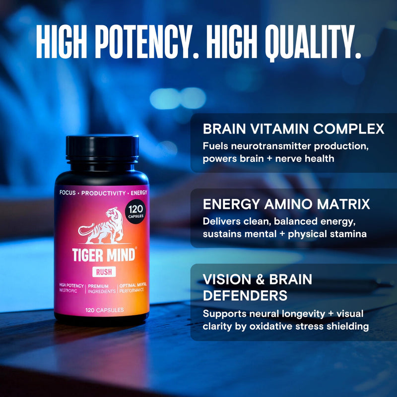 Tiger Mind Rush Nootropics Brain Supplement with Vitamins B12, B6, Folic Acid (B9), Lion's Mane, Ginkgo Biloba & More | For Energy, Focus & Memory Functions | Non-GMO, Vegan, Made in the UK, 120 Count