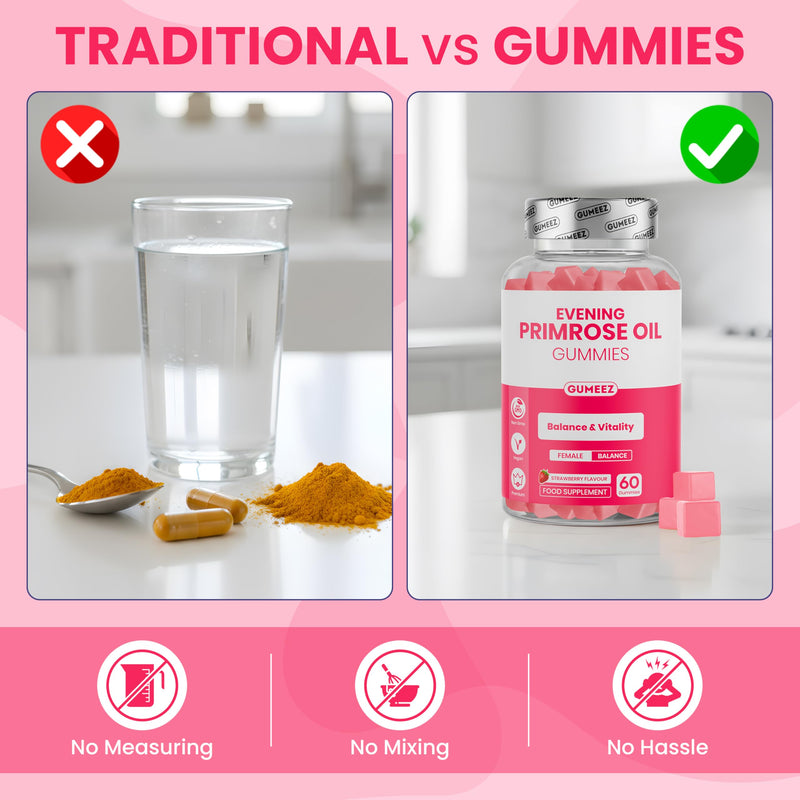 Evening Primrose Oil Gummies 1000mg – High Strength Supplement for Hormonal Balance, PMS & Menopause Support - Rich in Omega 6 Fatty Acids for Hair, Skin & Nails - Strawberry Flavour - 30 Day Supply