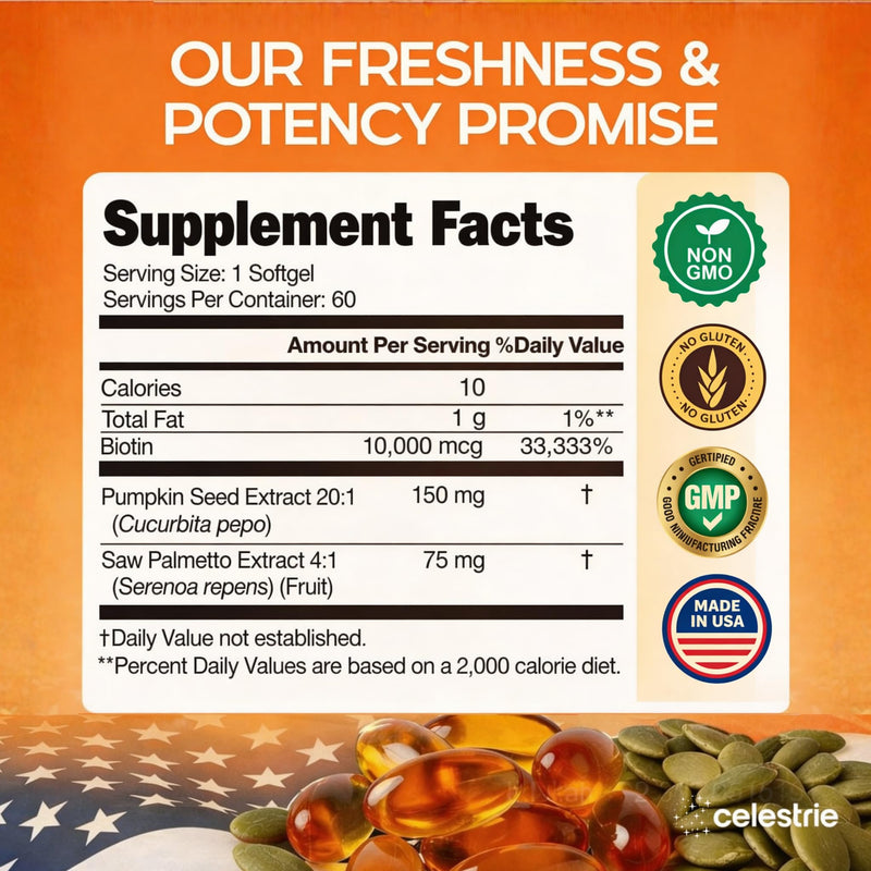 3-in-1 Pumpkin Seed Oil with Saw Palmetto Capsules (3000mg/softgel) + Biotin for Hair Growth, Radiant Skin, Prostate, Bladder, Immune & Urinary Support, Essential Fatty Acids & Vitamins, 60 Day Supply