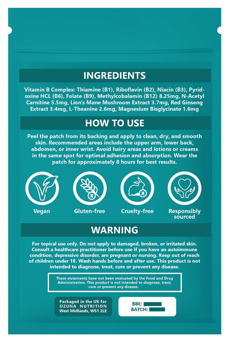 Focus Patches | Concentration & Clarity | with B Vitamins, L-Carnitine, Lions Mane, Magnesium, Ginseng, L-Theanine | 8 Hour Support | Vegan & Waterproof | 30 Patches