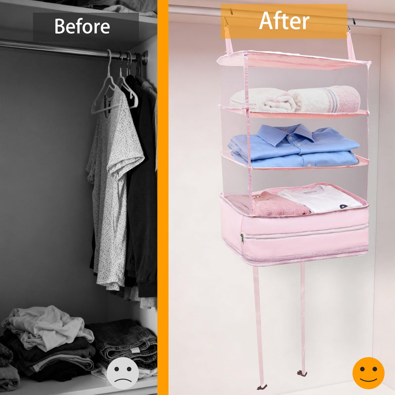 Hanging Travel Closet Organizer Suitcase Shelves Portable Carry on Closets for Hanging Packing Cubes Storage,XL,Pink