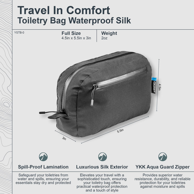 COCOON Monsoon Silk Toiletry Bag - Black | Monsoon Silk exterior, Spill-proof TPU-laminated interior, YKK AquaGuard zipper, Compact toiletry storage
