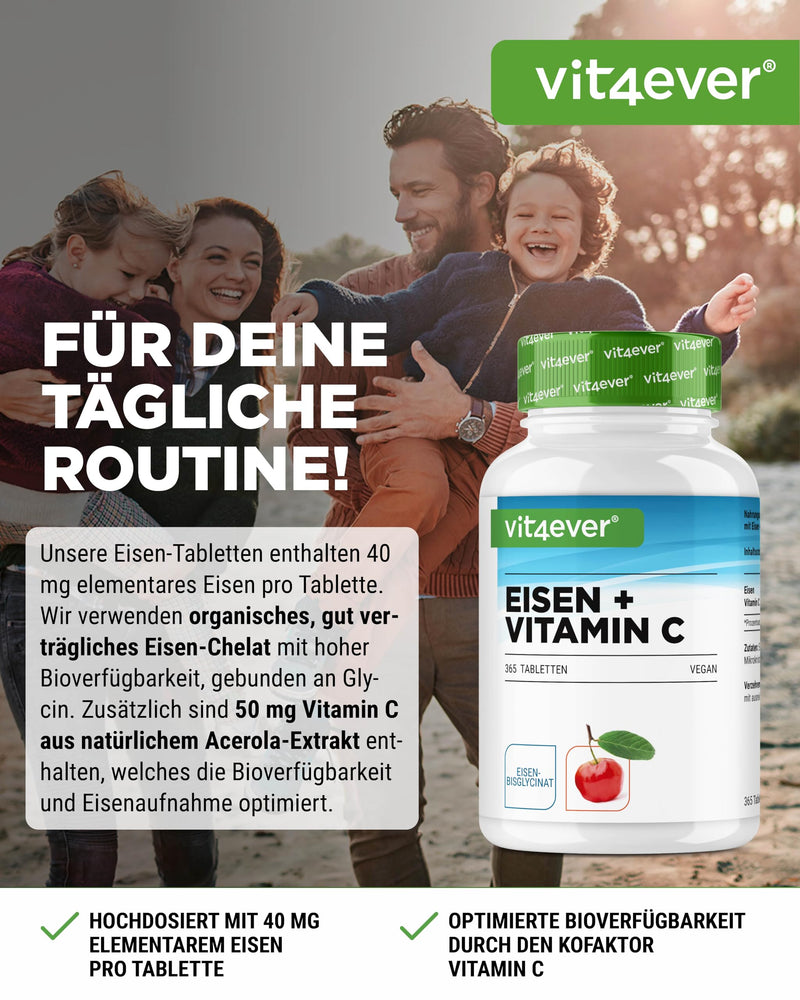 [Australia] - Iron - 365 tablets with 40 mg of pure iron + natural vitamin C - Premium raw material: iron bisglycinate (iron chelate) - High dosage - Vegan Tasteless 163 g (pack of 1) 