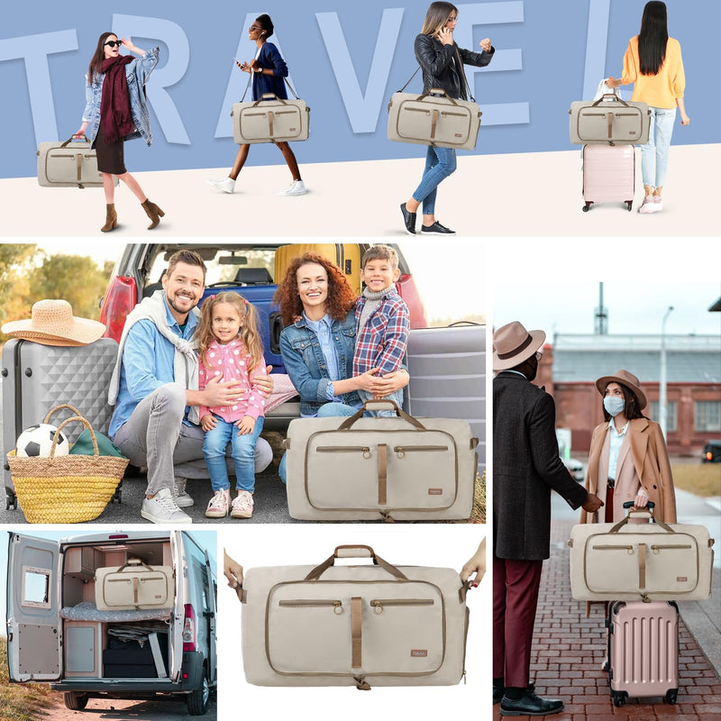65L Duffle Bag Foldable Travel Duffel Bags for Men Women Travel Bag | Shoes Compartment, 65L Large Capacity, Foldable, Packable, Water Repellent, Tear Resistant, for Traveling Gym Overnight Camp Glossy Beige