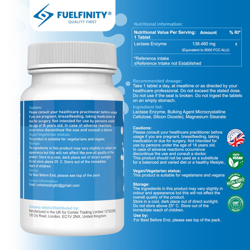 Efficient Lactase Tablets - 250 Days Supply - Lactose Intolerance Tablets 9000 FCC ALU High Strength - Aids in Lactose Digestion - FuelFinity® Excellent Manufacturing Standards (1 Pack) 250 count (Pack of 1)