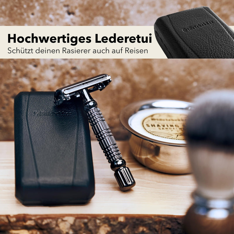 [Australia] - Störtebekker® Premium safety razor 'Hamburg' in a handmade leather case - *TESTS WINNER* Stiftung Warentest (12/2024) - Shaving set with 10 razor blades, travel case & built-in mirror - wet razor black - black 