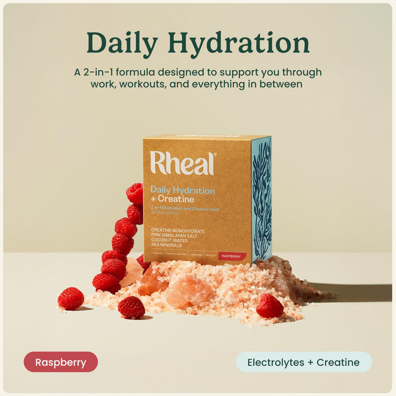 Rheal Hydration + Creatine Sachets, 28 Day Pack, Ready to Mix, Sugar Free Electrolytes & Vitamins, Daily Hydration, Energy, Focus, Performance & Recovery – Raspberry 28 Pack