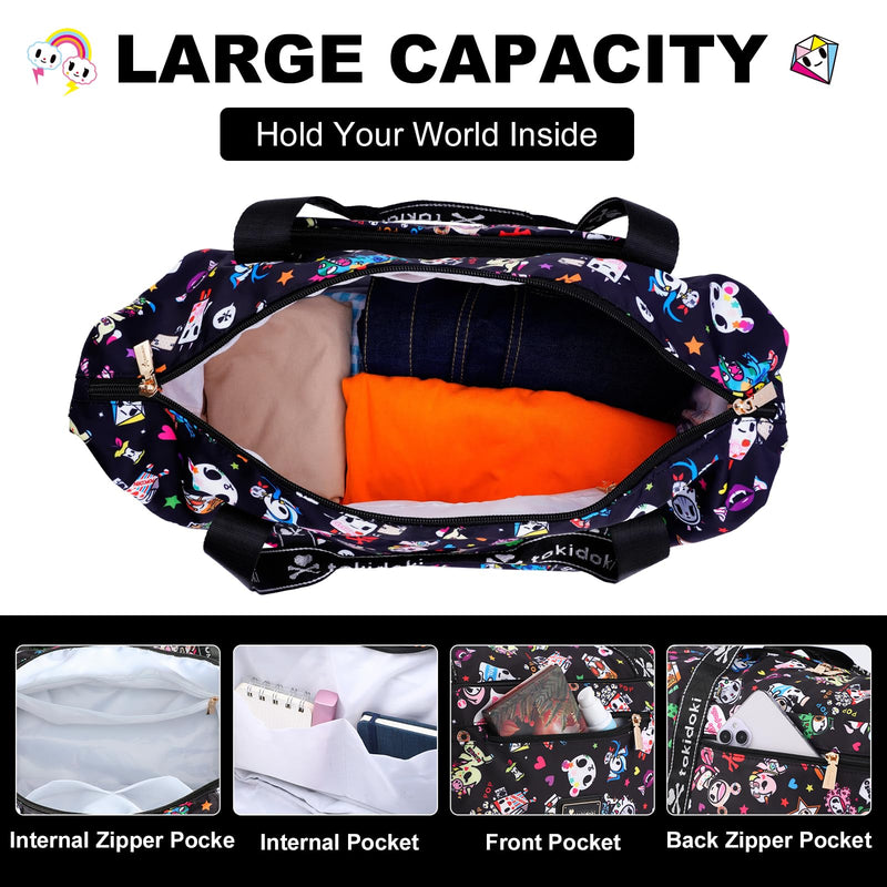 Tokidoki Foldable Duffle Bag for Travel, Airline Approved Weekender Bag | Officially Licensed │ Foldable │ 30-40L Expandable │ 6 Pockets│ Carry-On │ with Trolley Sleeve Black