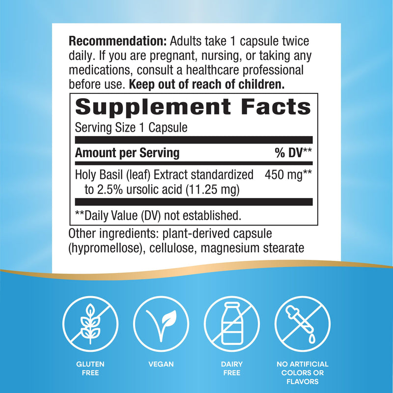 [Australia] - Nature's Way Holy Basil Premium Extract, Stress Support*, Adaptogenic Herb*, 450 mg per Serving, 60 Vegan Capsules (Packaging May Vary) 