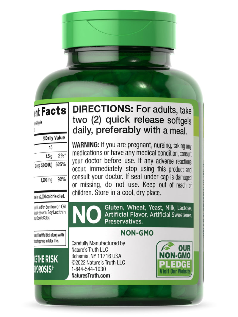 [Australia] - Nature's Truth Calcium 1200mg with Vitamin D3 5000 IU | 60 Softgels | from Calcium Carbonate | Non-GMO & Gluten Free Supplement 