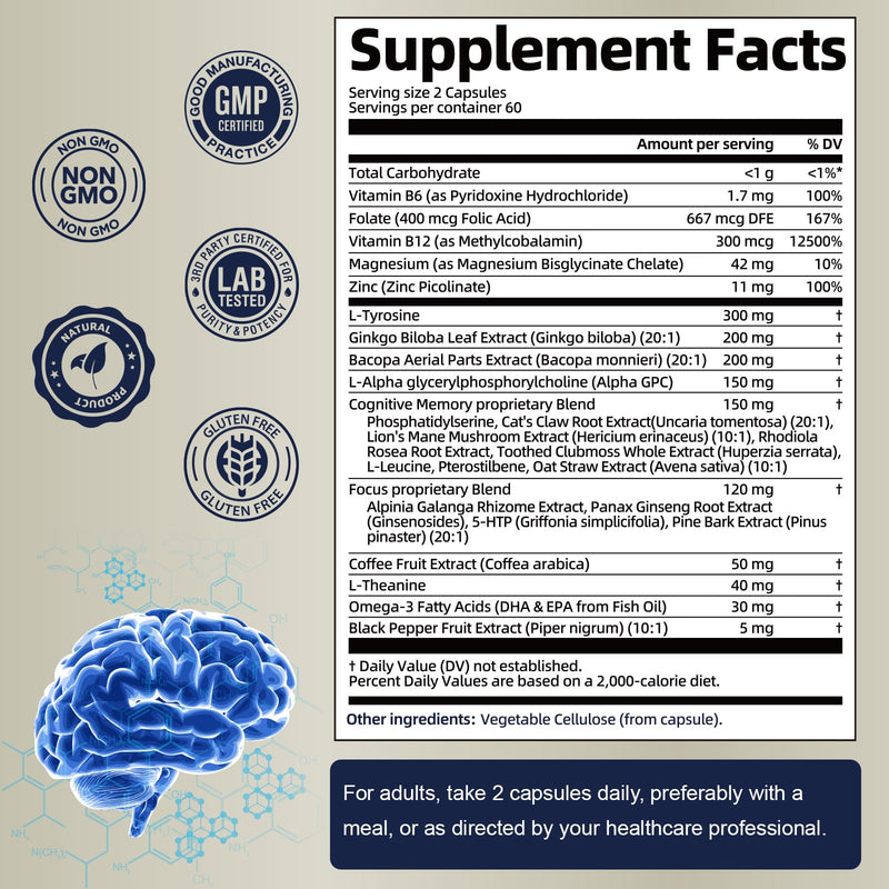 25 in 1 Brain Supplements for Memory and Focus & Neuro Health - Daily Brain Nootropic Cognitive Supplement with L-Tyrosine, Bacopa Monnieri, Ginkgo Biloba, Alpha GPC - Non-GMO, Gluten Free