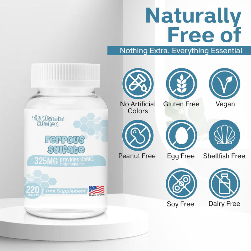 [Australia] - Ferrous Sulfate 325 mg (65 mg Elemental Iron) High Potency Iron Supplement - High Potency Iron Pills for Red Blood Cells - No Artificial Color Additives - 220 Tablets Made in USA 