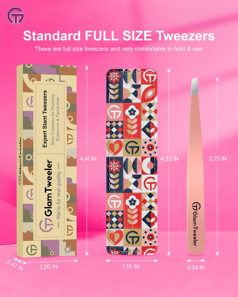 Expert Slant Tip Tweezers with Leather Case, GlamTweeler Sharp & Precision Stainless Steel Tweezer for Eyebrows, Facial Hair and Fine Hairs Removal (Rose Gold) Rose Gold