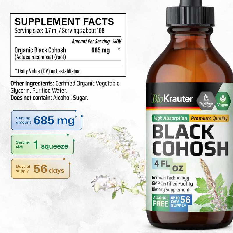 [Australia] - Black Cohosh Supplement for Women - Organic Black Cohosh Tincture - Alcohol and Sugar Free Vegan Drops 4 Fl.Oz. 4 Fl Oz (Pack of 1) 