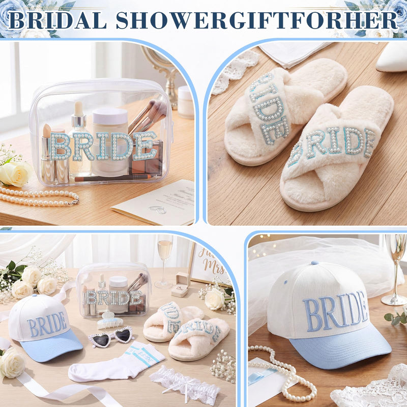 Kacctyen 6 Pcs Something Blue Bridal Shower Gift for Bride to Be Wedding Gifts Set for Bride Include Slippers Makeup Bag Heart Sunglasses Baseball Cap Socks Hair Claw Clip for Bachelorette Engagement