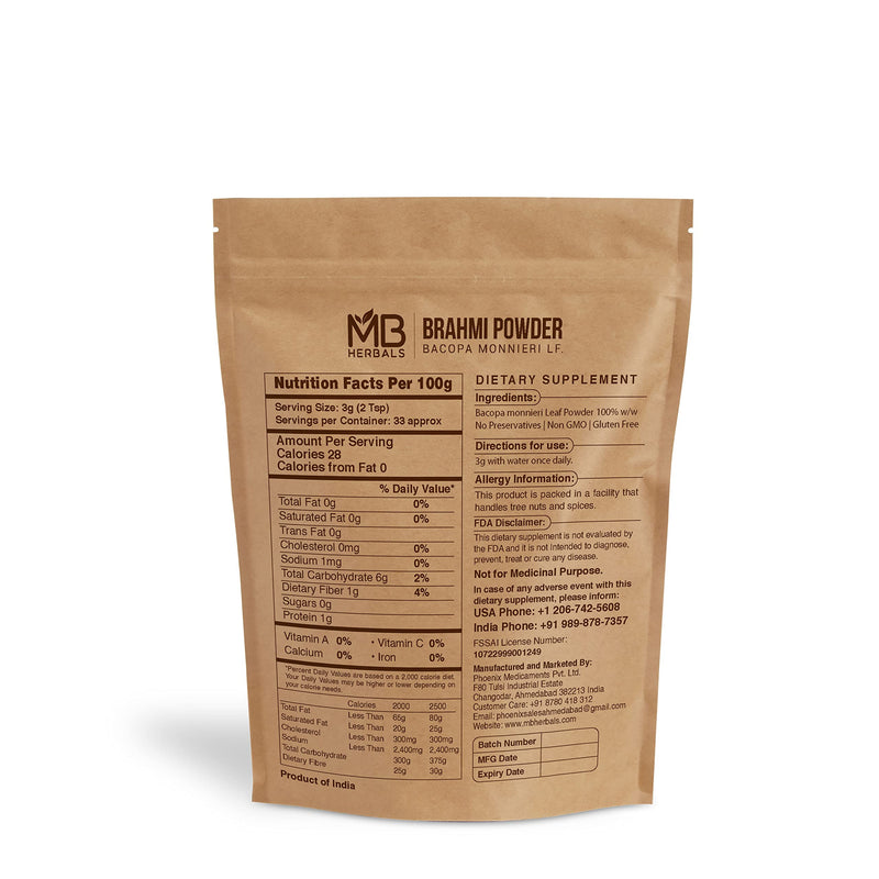 [Australia] - MB Herbals Pure Brahmi Powder 100g | 3.5 oz | 100% Pure Bacopa monnieri Powder | Promotes Hair Growth 