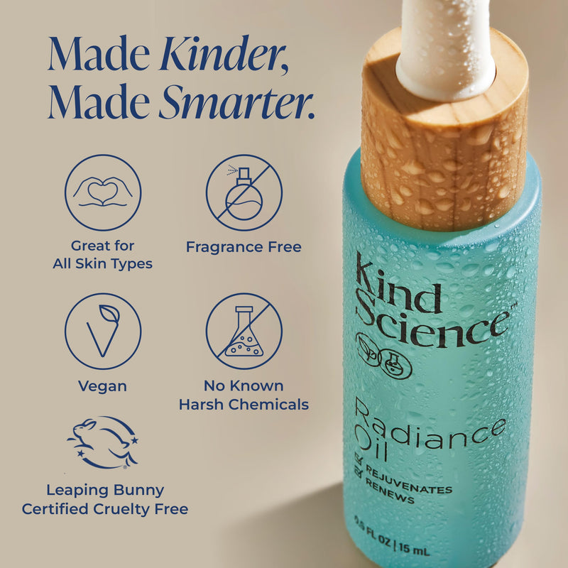 Kind Science Radiance Face Oil - Hydrating with Vitamin E, C & A, Bakuchiol, Jojoba & Moringa Oil - Anti Aging to Give Skin a Fresh, Dewy Look - Vegan, Paraben Free, Cruelty Free, 0.5 fl oz