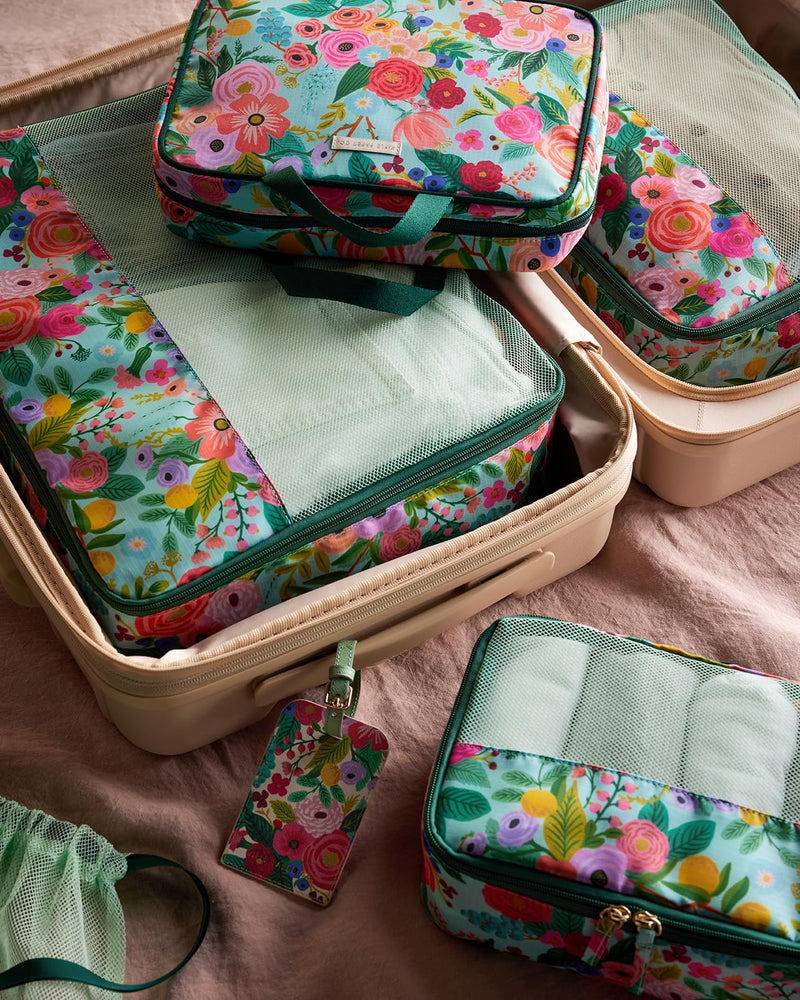 RIFLE PAPER CO. 3 Set Compression Packing Cubes with Zipper Pull & Laundry Bag | Organizer Travel Essentials for Luggage/Suitcase | Garden Party Pattern
