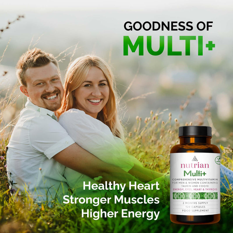 Multivitamin & Mineral Complex for Men & Women | Thyroid & Energy Support | CoQ10 100mg, Vitamin D3 2000 IU & K2 MK-7, Magnesium, Taurine, B-Complex with 5-MTHF | 120 Capsules