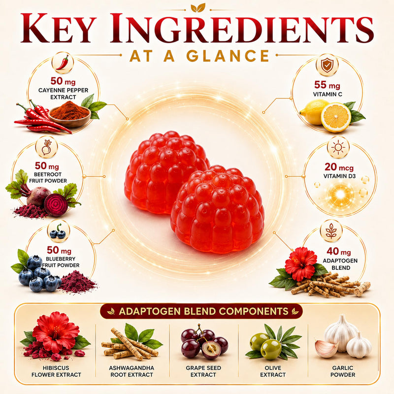 Cayenne Pepper Gummies with Vitamin C and D3, 60 Count | Sugar-free strawberry gummies with beetroot and adaptogen blend for circulation, digestive and immune support. 60 Count (Pack of 1)