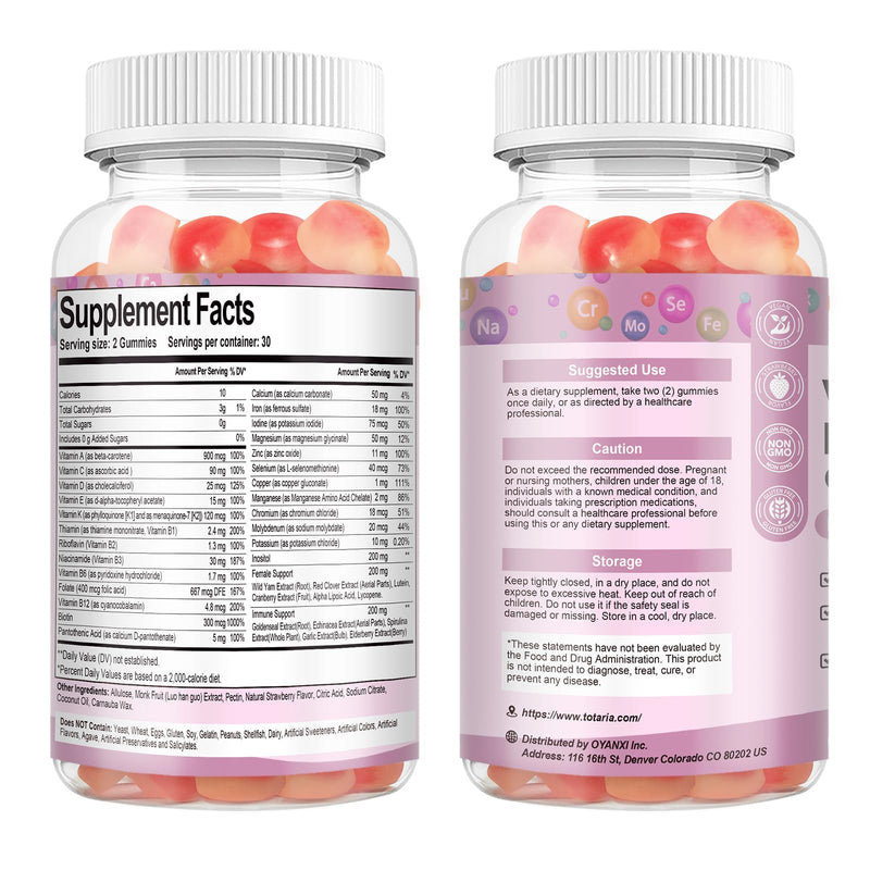 Totaria Sugar Free Multivitamin Gummies for Women 14+ w/Inositol, Iron, Folate, Biotin, Womens Daily Multivitamin Gummy w/Vitamin A, D, C, B, Support Hair, Skin, Energy, Immune, Strawberry Flavor 60 Count (Pack of 2)