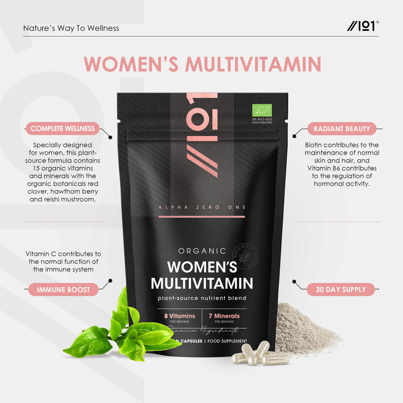 Organic Women's Multivitamins and Minerals - 100% Plant Based - 15 Organic Vitamins & Minerals – 60 Vegan Capsules – Resealable and Recyclable Pouch by Alpha01