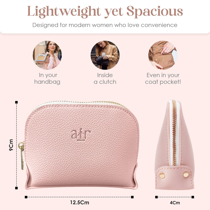 Travel Essentials Makeup Bag Set – Pink & Gray Textured Leather Cosmetic Pouches With Gold Zippers For On-The-Go Beauty – Travel Size – Gift Box Included