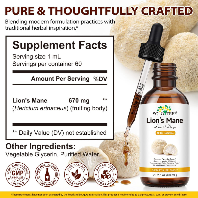 Lions Mane Supplement High Strength Mushroom Extract - Liquid Drops 60ml - Alcohol-Free, Sugar-Free, Vegan-Friendly - 670mg per Serving