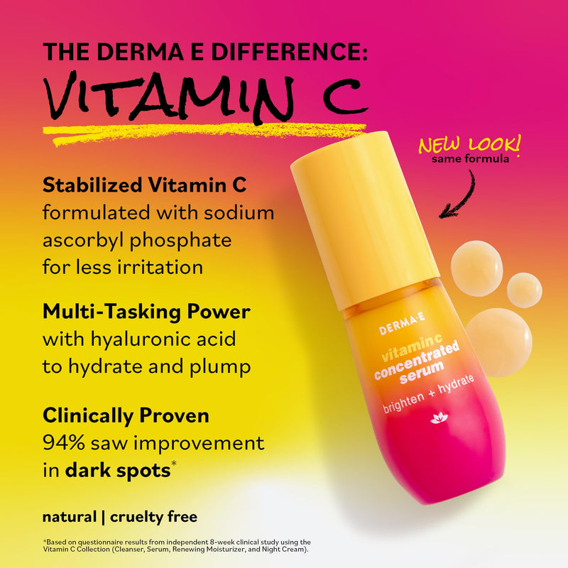 DERMA E Vitamin C Concentrated Serum with Hyaluronic Acid, Vitamin E & Aloe, All Natural, Antioxidant-Rich Concentrated Facial Serum – Firming and Brightening Vitamin C Face Serum, 1oz