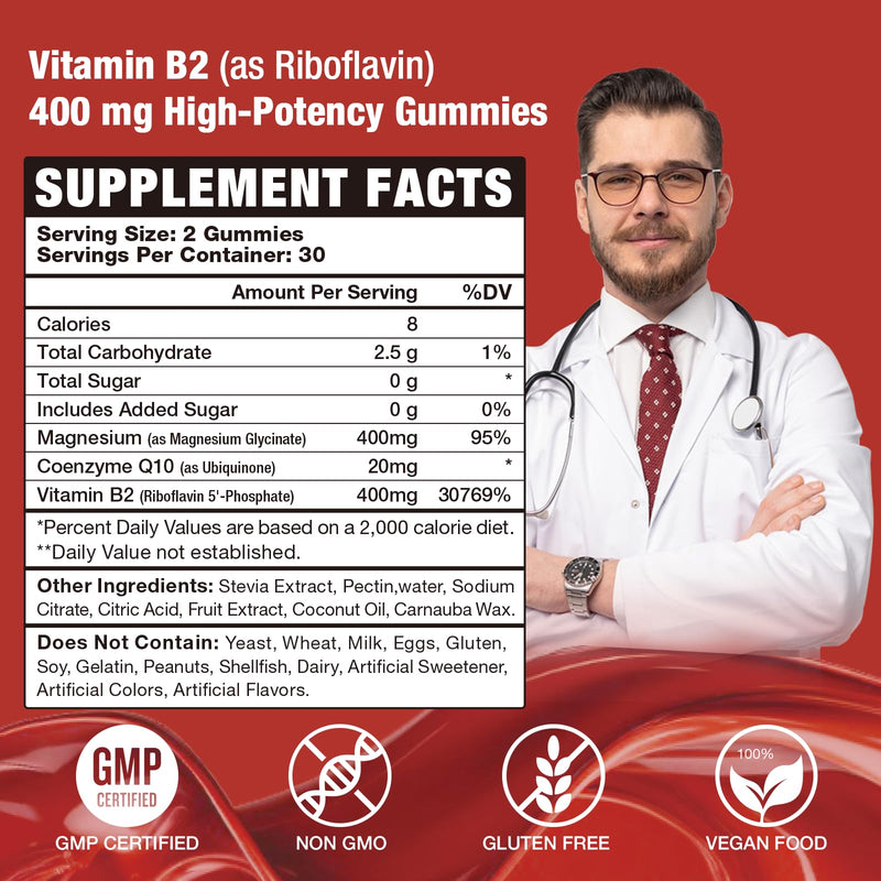 Vitamin B2 Riboflavin 400mg Gummies for Energy & Metabolism Support - Delicious Strawberries Flavor Vegan Gummies - Non-GMO, Gluten Free - 120 Count