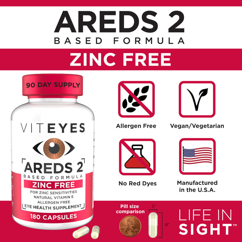 Viteyes AREDS 2 Zinc Free Macular Support, Natural Allergen Free Capsules with Vitamin E, Vitamin C, Lutein & Zeaxanthin, No Zinc, No Copper, Eye Doctor Trusted, Manufactured in the USA, 180 Ct 180 Count (Pack of 1)