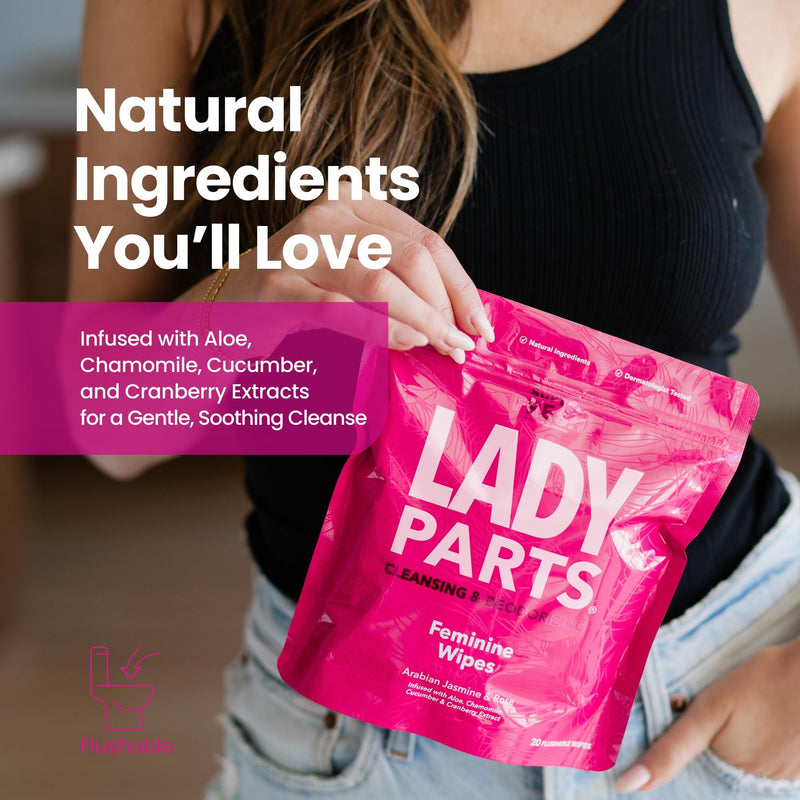 [Australia] - Lady Parts Feminine Wipes - Flushable Wet Wipe for Women - pH Optimized for Privates, Body, Booty, & Face - Good for Travel & Intimate Areas - Stay Fresh & Clean - 20 Wipes 