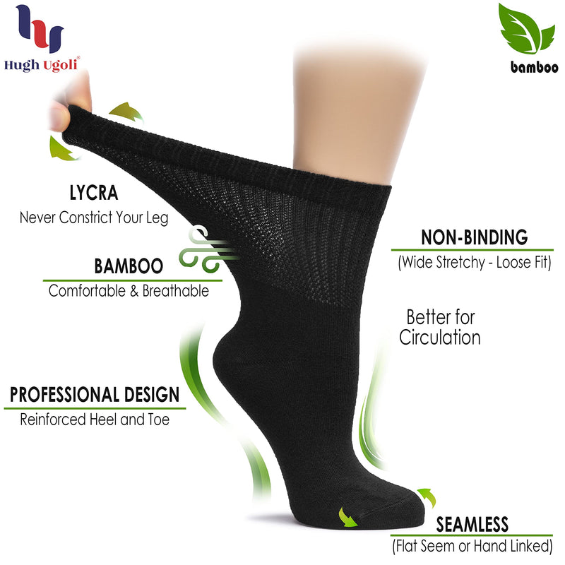 [Australia] - Hugh Ugoli Women's Bamboo Loose Fit Diabetic Crew Socks, Soft, Wide & Stretchy with Seamless Toe & Non-Binding Top, 3 Pairs 6-9 01- Black (3 Pairs) 