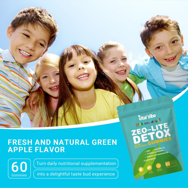 Zeolite Detox Gummies for Kids & Adult | 10-in-1 Formulated Probiotics Kids Probiotic Supplement | Vitamin D and B12 | for Immune Support & Gut Health | 60 Vegan Gummies, 2 Month Supply