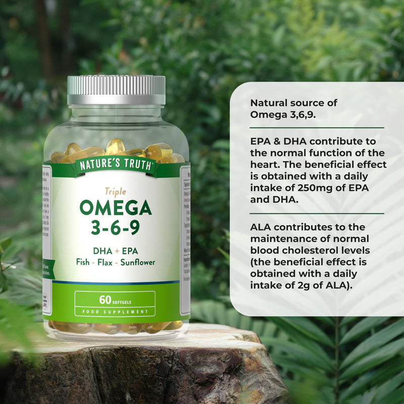 Triple Omega 3 6 9 Capsules 2000mg | High Strength DHA & EPA | Fish, Flax and Sunflower Oil | Fatty Acid Supplement | 60 Softgels | Nature's Truth